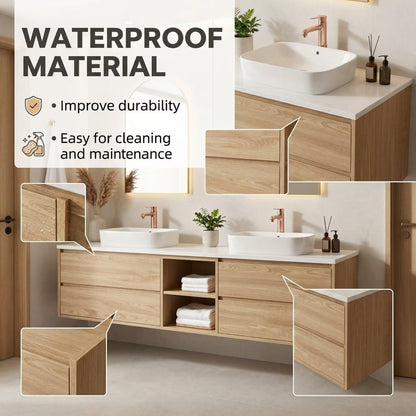 60"-96"Modern Wall-Mounted Bathroom Vanity with Open Shelves & Rose Gold Hardware