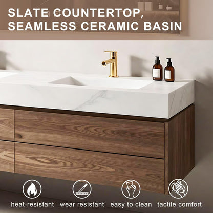 60”-84”Double Sink Floating Bathroom Vanity with LED Mirror, Wall Mounted Walnut Wood Vanity with White Marble Top & Storage