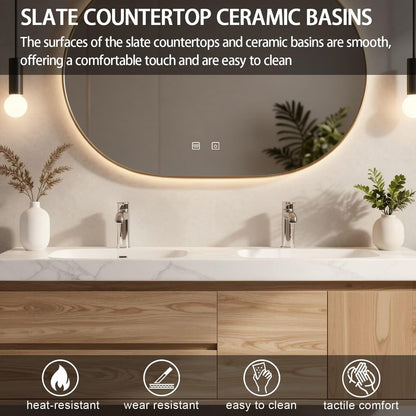 60”-84”Double Sink Floating Bathroom Vanity with Round LED Mirror, Light Oak Wood Cabinet