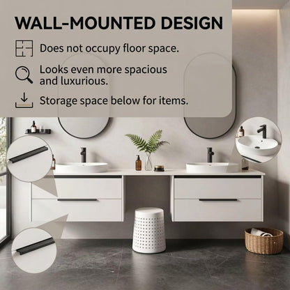 60"-84"Modern Wall-Mounted Vanity with Marble Top & Black Hardware & Framed Mirrors