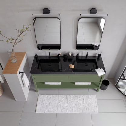60"-96"Olive Green Bathroom Vanity with Double Sinks, Black Marble Top & Gold Hardware