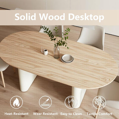 60"-80"Modern Oval Dining Table with Light Wood Top & Cream Base, Seats 4-6