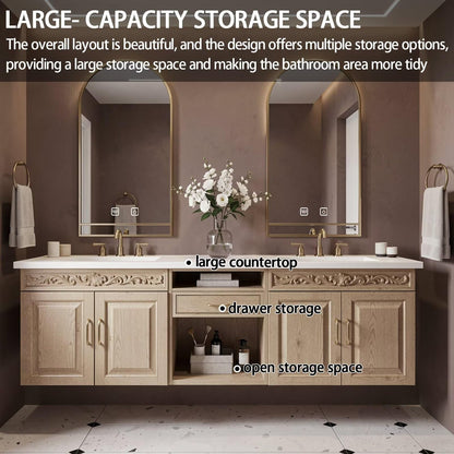 60”-84”Double Sink Floating Bathroom Vanity with Gold Arch Mirrors, Light Oak Carved Cabinet