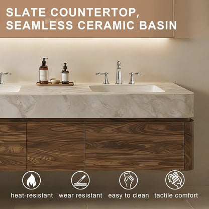 60”-84”Wall Mounted Double Sink Bathroom Vanity with LED Mirror, Wood Floating Cabinet with Marble Stone Top, Modern Minimalist