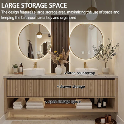 60"-84"Light Wood Bathroom Vanity with Double Sinks & Backlit Round Smart Mirrors