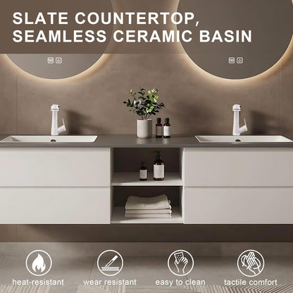 60”-84”Double Sink Floating Bathroom Vanity with 2 Round LED Mirrors, White Wall Mounted Vanity with Open Storage Shelf
