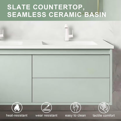 60”-84”Double Sink Floating Bathroom Vanity, Sage Green Cabinet with Gold Framed LED Mirror