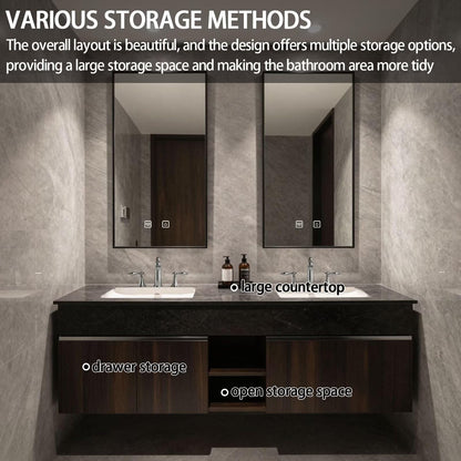 60"-84"Floating Dark Wood Bathroom Vanity with Marble Top & Dual LED Mirrors