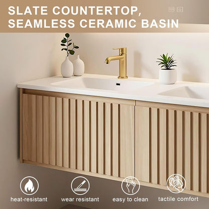 60”-84” Double Sink Floating Bathroom Vanity with LED Backlit Mirror, Wall Mounted Fluted Oak Vanity with White Top & Gold Faucets