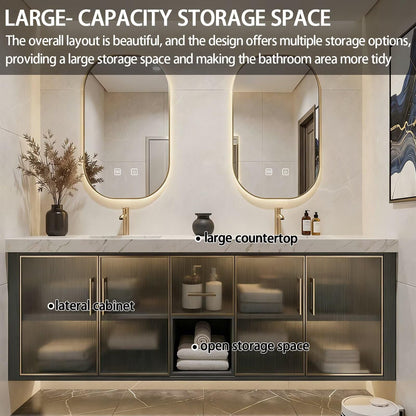 60"-84"Modern Floating Bathroom Vanity Set with Marble Top & Glass Cabinets