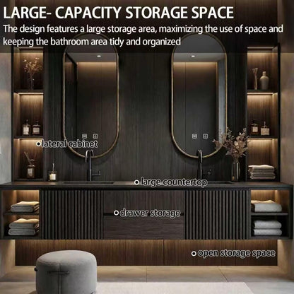 60"-84"Floating Dark Wood Bathroom Vanity with Double Sinks & LED Oval Mirrors