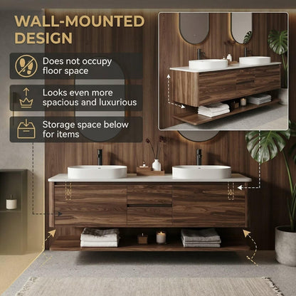 60"-96"Modern Wood Wall-Mounted Bathroom Vanity Set with Open Shelf & MirrorsModern Wood Wall-Mounted Bathroom Vanity Set with Open Shelf & Mirrors