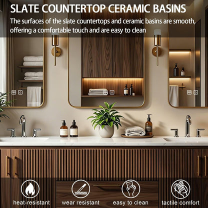 60”-84”Double Sink Floating Bathroom Vanity with Gold Mirrors, Walnut Fluted Wood Cabinet
