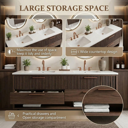 60"-96"Walnut Fluted Bathroom Vanity with Double Sinks & LED Gold Oval Mirrors