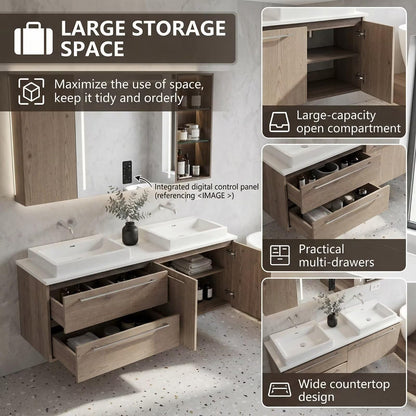 60”-96”Light Oak Floating Double Sink Vanity with LED Lighted Mirror Cabinet