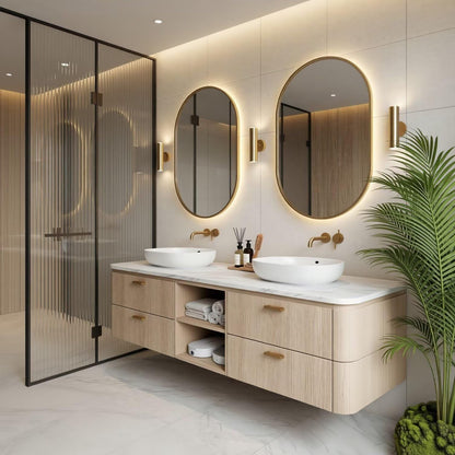 60"-96"Modern Wall-Mounted Vanity with Marble Top & Gold Hardware & Open Shelf
