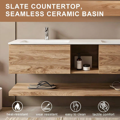 60”-84”Double Sink Floating Bathroom Vanity, Oak Cabinet with LED Mirror Cabinet & Open Shelf