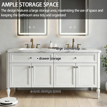 60”-84”Double Sink Freestanding Vanity with LED Mirrors, Off-White Cabinet & Marble Top