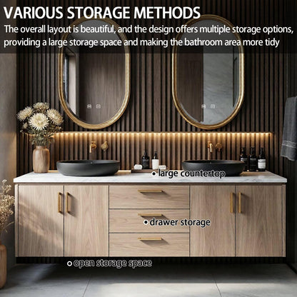 60"-84"Double Sink Bathroom Vanity, Natural Wood Cabinet with White Marble Countertop