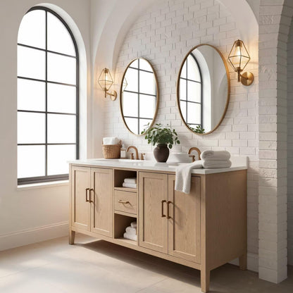 60"-96"Light Oak Bathroom Vanity with Double Sinks & Gold Framed Oval Mirrors