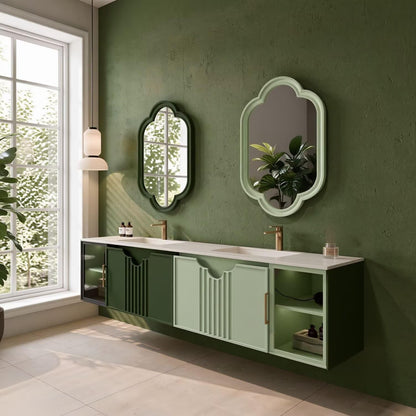 60"-96"Sage Green Floating Bathroom Vanity with Double Sinks & Scalloped Mirrors