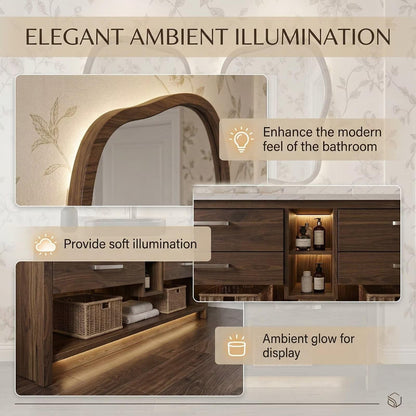 60”-96” Dark Wood Bathroom Vanity with Double Sinks & Irregular LED Mirrors