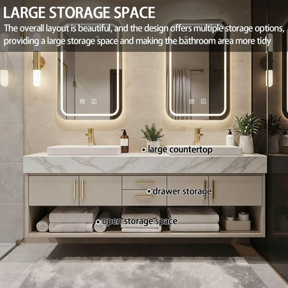 60"-84"Floating Beige Bathroom Vanity with Double Vessel Sinks & LED Mirrors