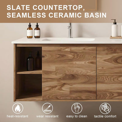 60”-84” Wall Mounted Double Sink Bathroom Vanity with Arched LED Mirrors, Wood Floating Cabinet with White Stone Top, Natural