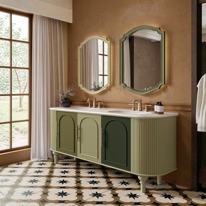60"-96"Vintage Green Floating Vanity with Double Basins, Storage & Brass Hardware