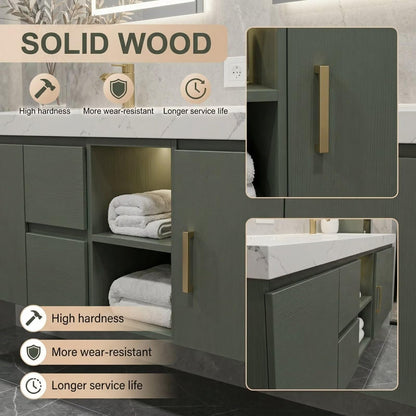 60”-96” Green Floating Bathroom Vanity with Double Sinks & LED Lighted Mirrors