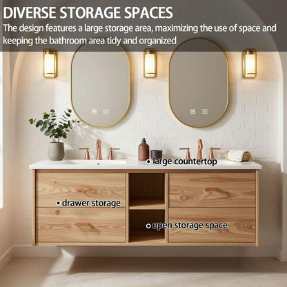 60”-84”Double Floating Vanity, Light Wood Cabinet with Gold Oval LED Mirrors