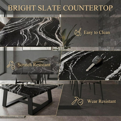 60"-80"Black Marble Dining Table with Black Metal Base, Modern Rectangular Kitchen Table