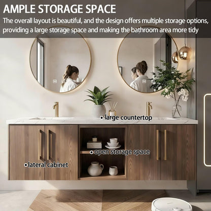 60"-84"Modern Walnut Floating Bathroom Vanity Set with Marble Top & Gold Handles