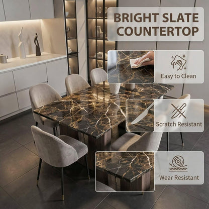 56"-96"Modern Black Gold Marble Dining Table, Rectangular Kitchen Table with Sturdy Wooden Legs for Dining Room