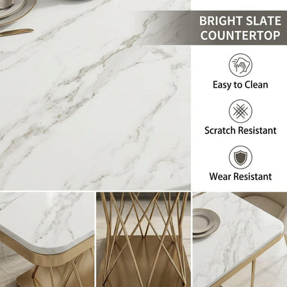 60"-80"Luxury Rectangular Dining Table, White Marble Top with Sleek Gold Metal Legs
