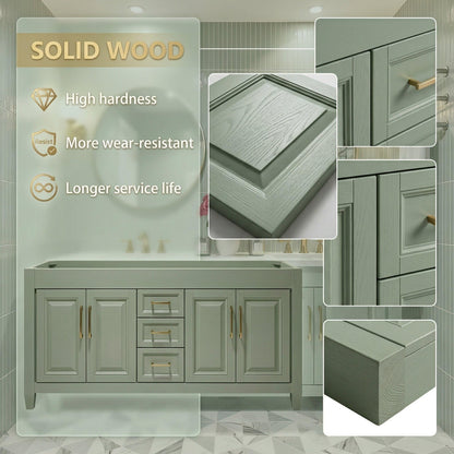 60”-96”Double Sink Bathroom Vanity with Gold Round Mirrors, Sage Green Cabinet & Marble Top