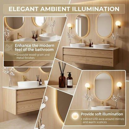 60"-84"Light Oak Floating Bathroom Vanity Set with Gold Mirrors & Handles