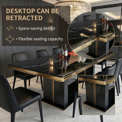 56"-96"Modern Black Marble Dining Table with Gold Accent & Sturdy Base for Large Family Meals