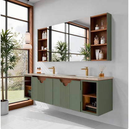 60"-96"Sage Green Floating Bathroom Vanity with Double Sinks & Matching Medicine Cabinet