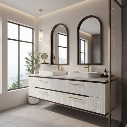 60"-96"White Floating Bathroom Vanity with Double Vessel Sinks & Arched LED Mirrors