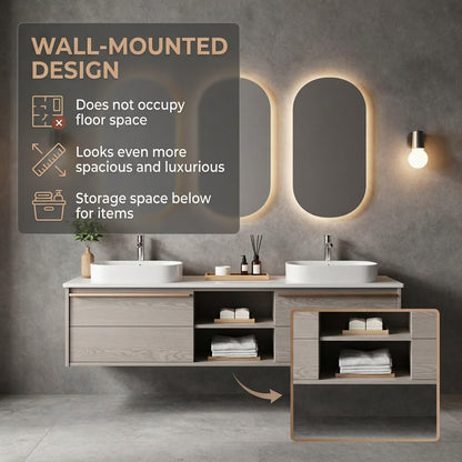 60"-96"Light Wood Floating Bathroom Vanity with Double Sinks & LED Oval Mirrors