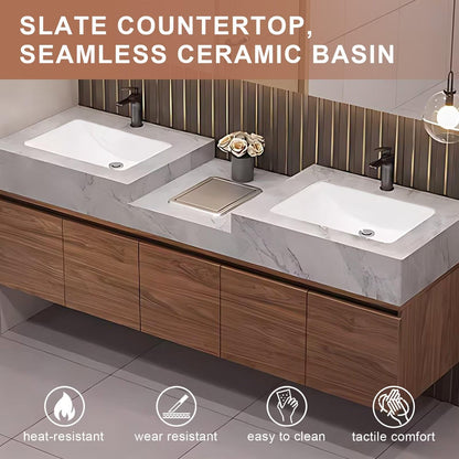 60”-84”Double Floating Vanity, Marble Top with Walnut Wood Cabinet & LED Strip