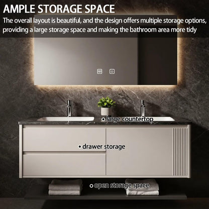 60”-84” Double Floating Vanity, Light Beige Cabinet with LED Backlit Mirror