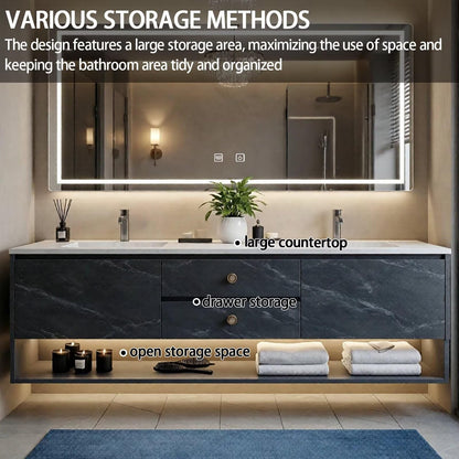 60”-84”Double Sink Floating Bathroom Vanity with LED Backlit Mirror, Black Marble Cabinet