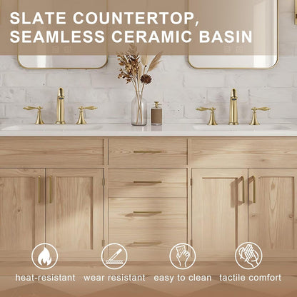 60”-96” Double Sink Freestanding Bathroom Vanity with 2 Gold LED Mirrors, Light Oak Wood Vanity with White Marble Top