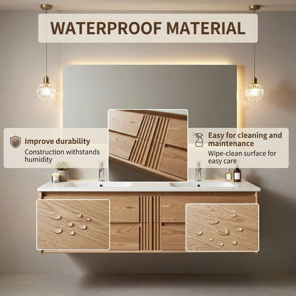 60"-96"Modern Oak Floating Bathroom Vanity with Double Sinks & LED Backlit Mirror