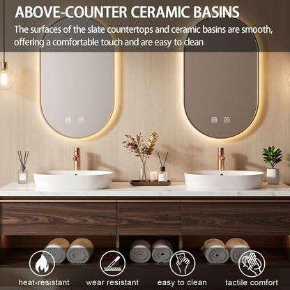 60"-84"Modern Dark Wood Bathroom Vanity with Dual Sinks & Smart LED Oval Mirrors