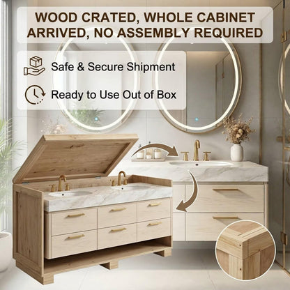60"-84"Luxury Wall-Mounted Double Sink Vanity with LED Oval Mirrors & Gold Handles