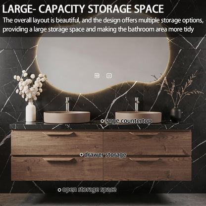 60"-84"Floating Wood Bathroom Vanity with Double Vessel Sinks & Irregular LED Mirror