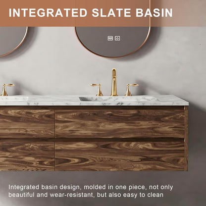 60”-84”Double Sink Floating Bathroom Vanity with Marble Top & Rose Gold LED Mirrors, Wall Mounted Walnut Wood Vanity with Storage Drawers